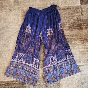 Free People Boho Wide Leg Palazzo Pants Blue Paisley Print Elastic Waist Women S
